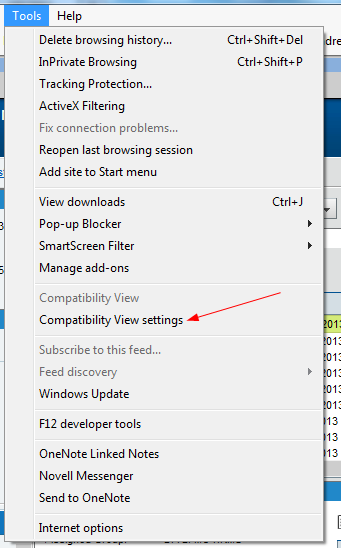 Image of Compatibility View Settings in Tools drop down