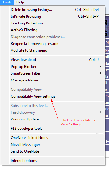 Image of Compatibility View Settings option in Tools dropdown