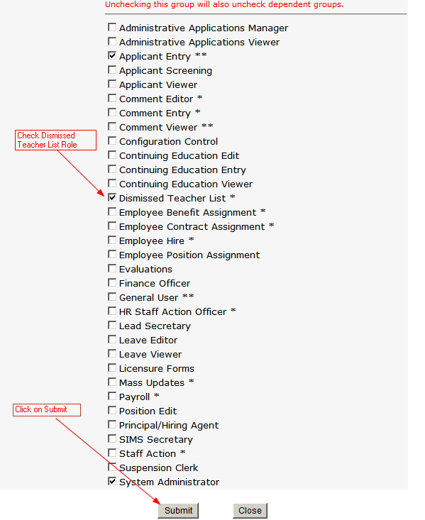 Image of HRMS user role for dismissed teacher list access