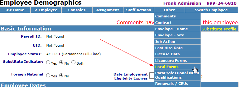 Image of "other" dropdown for local forms in employee demographics