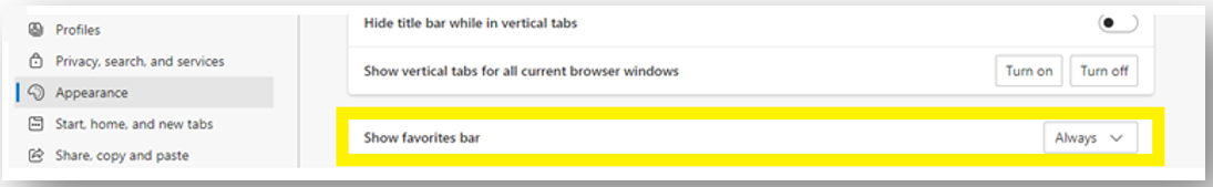 Edge favorites bar button