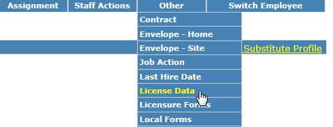 Image of dropdown to access license data from employee demographis, other