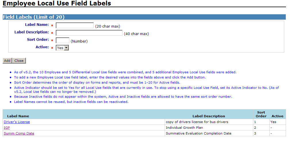 Sample of Employee Local Use Field Labels