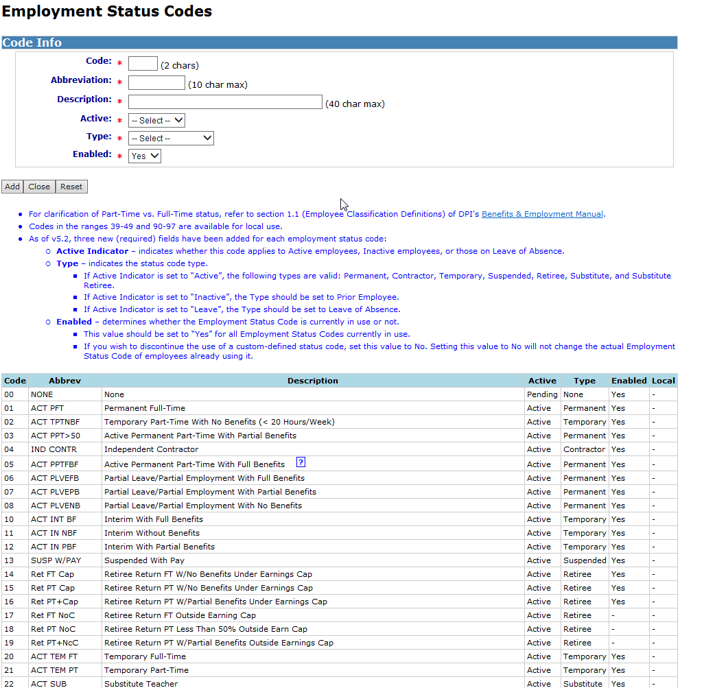 Sample of Employment Status Codes