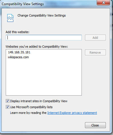 Image of Compatibility View Screen with HRMS URL added