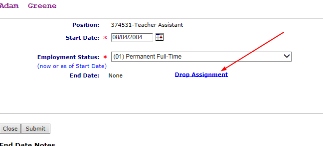 Image of drop assignment screen for Person A