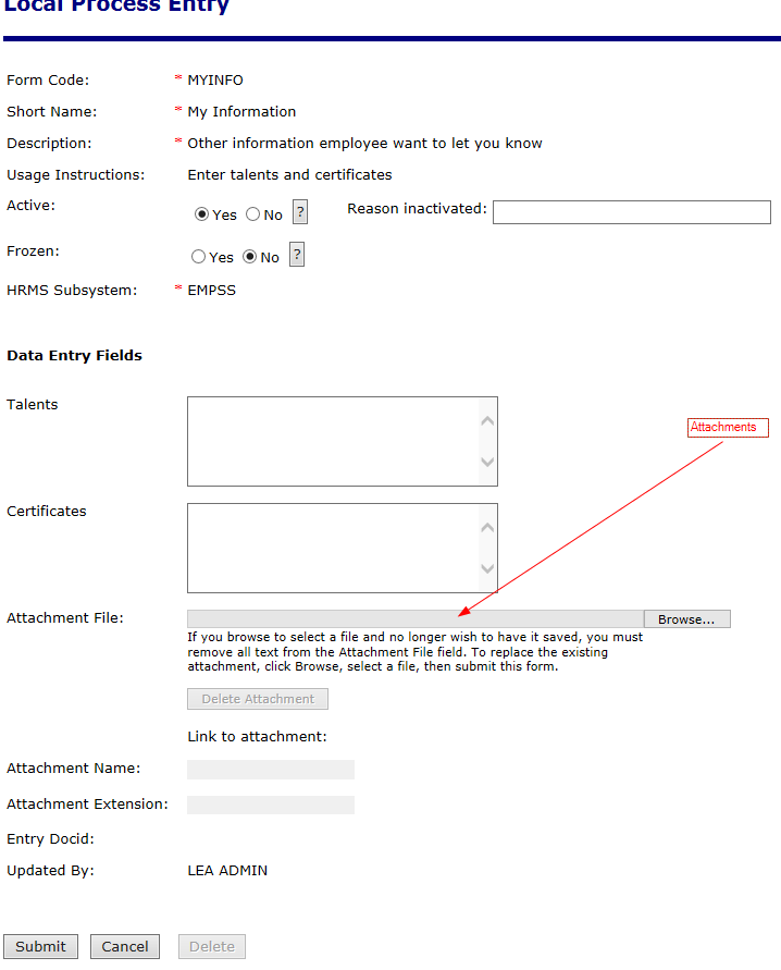 Sample of local forms process entry