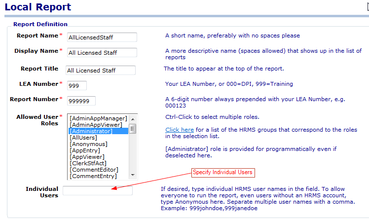 Image of Local web report Individual user field