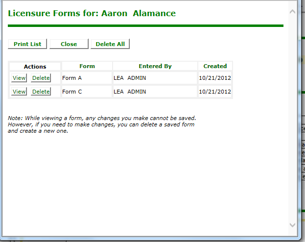 Sample of saved forms for an employee