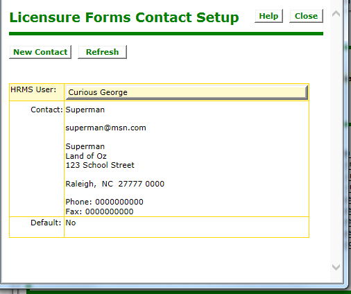 Sample of Licensure Form Contact Setup screen