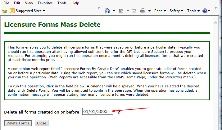 Image of Licensure Form Mass Delete Screen