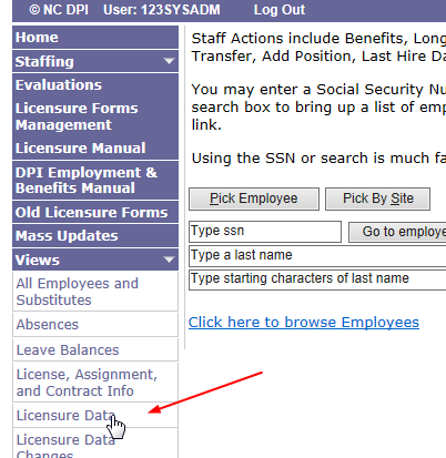 Image of dropdown in to access license data from employee page, views