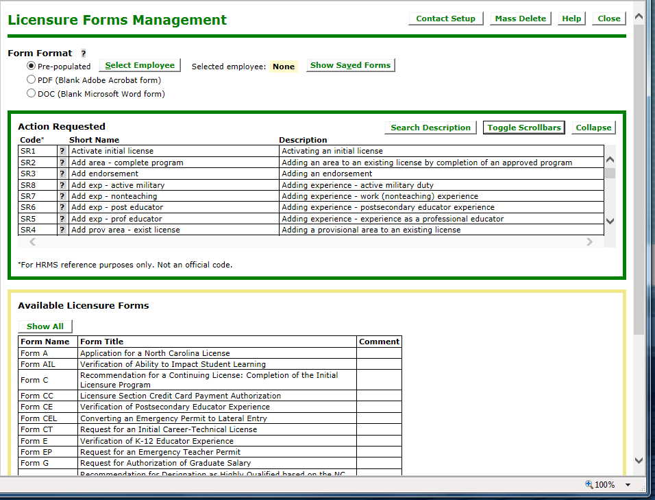 Sample of licensure forms management screen
