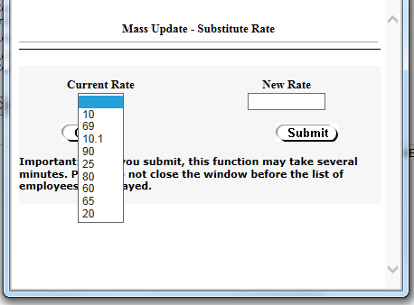 Sample Mass Update - Substitute Rate Screen current rate drop down