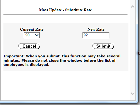 Sample Mass Update - Substitute Rate Screen current rate drop down = 90 and new rate entry = 92