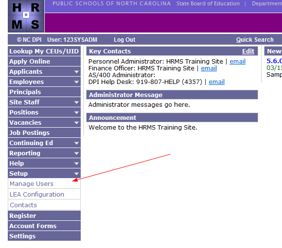 Image of Manage Users option on HRMS home screen
