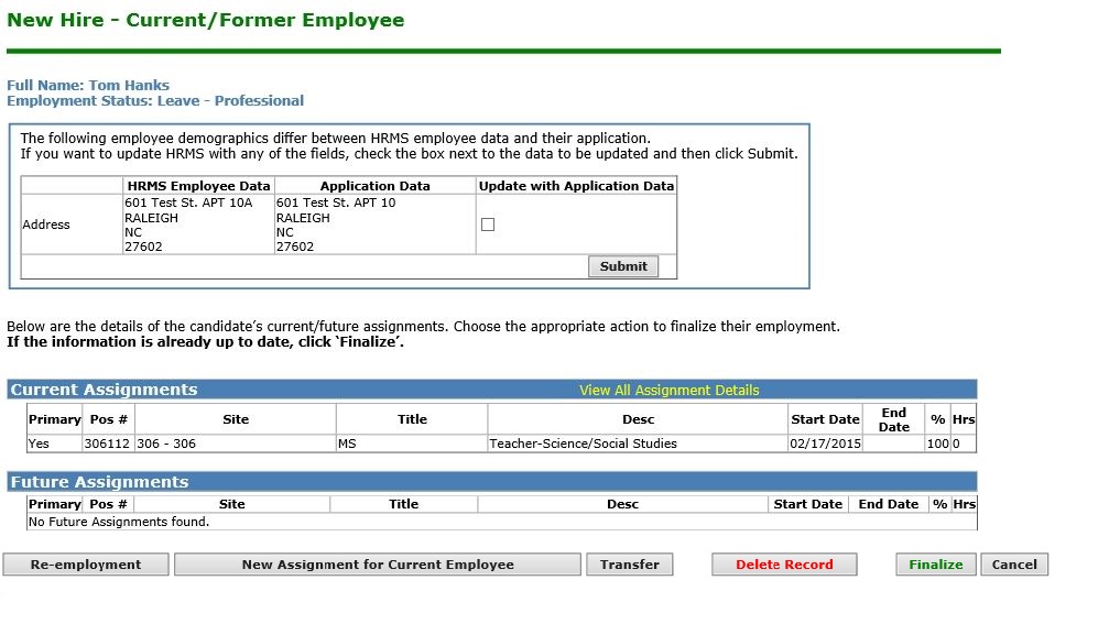 Sample of new hire is current or former employee