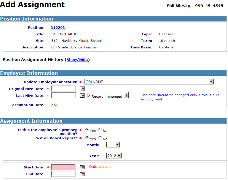 Sample of Add Assignment Screen Top Portion