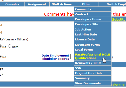 Image of employee demographics dropdown of ParaProfessional Qualification link