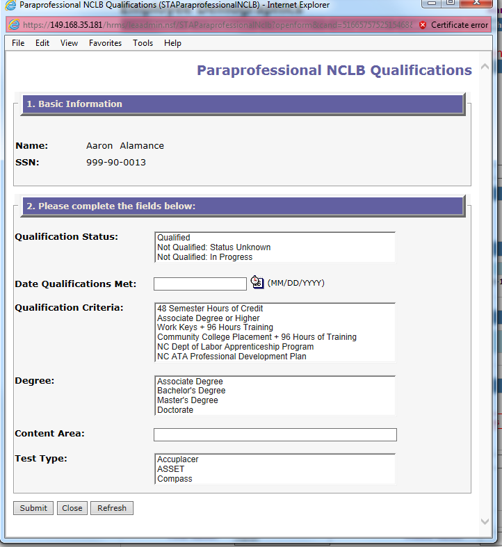 Sample screen of paraprofessional with no qualifications selected