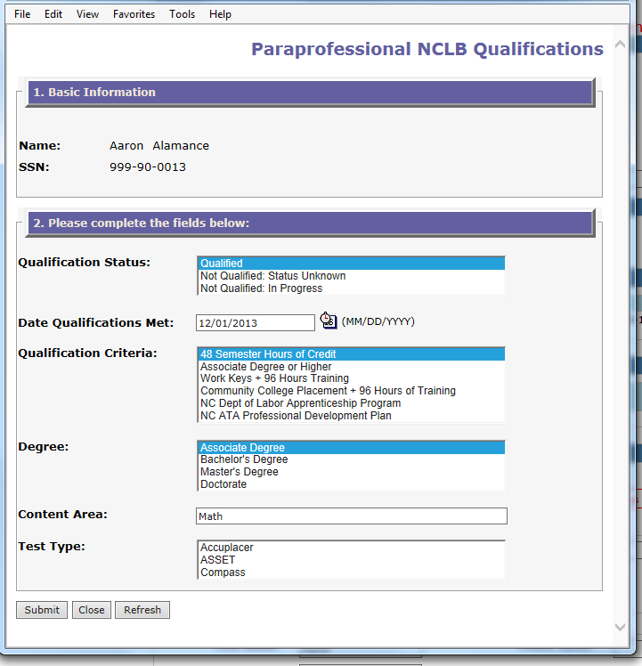 Sample screen of paraprofessional with qualifications selected