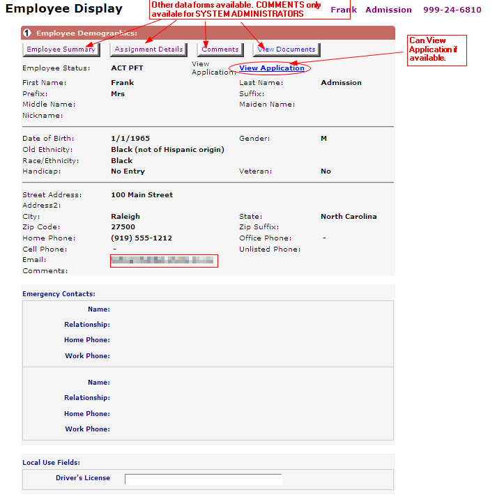 Sample employee info page