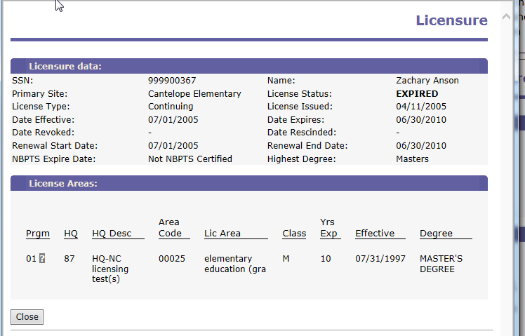 Sample licensure data page