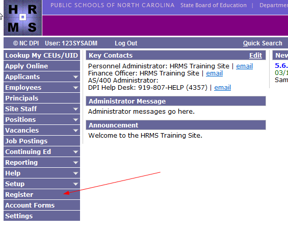 Image of Register link on HRMS main page