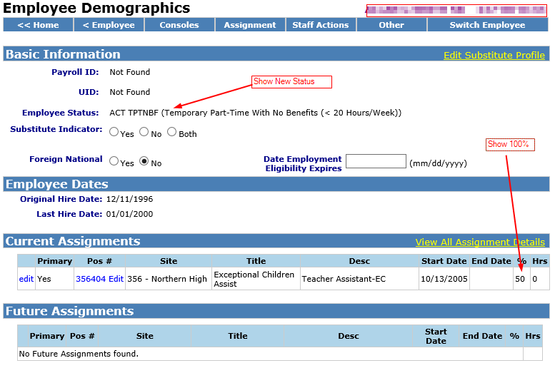 Sample employee demographics screen notating changes to be made