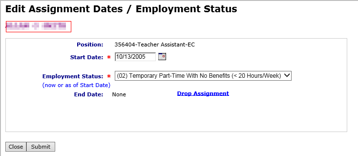 Sample edit assignment screen to drop assignment