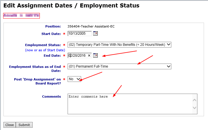 Sample edit assignment screen to edit employment status and date