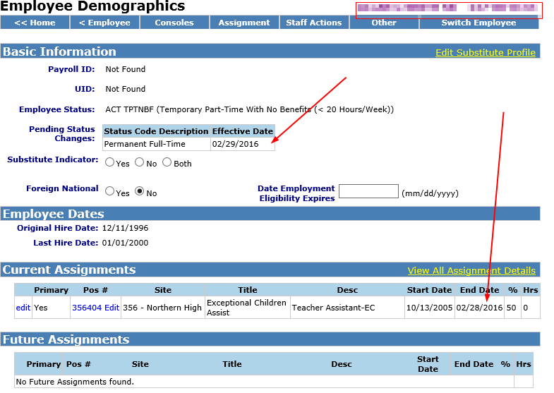 Sample employee demographics screen with pending changes