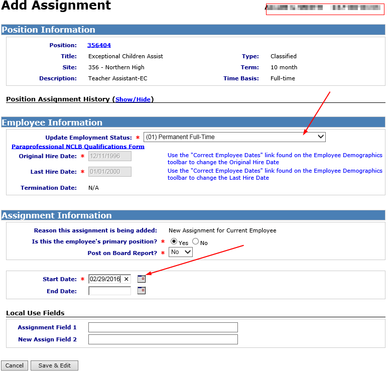 Sample add assignment screen