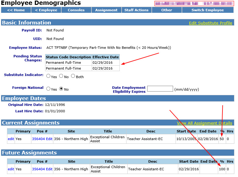 Sample employee demographics screen with pending status changes