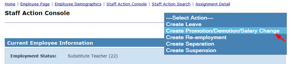 Image of Staff Action Console Create Promotion/demotion/salary change drop down