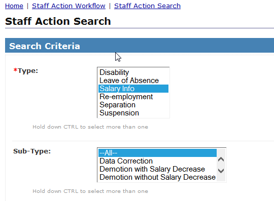 Image of Staff Action Search Promotion/demotion/salary change