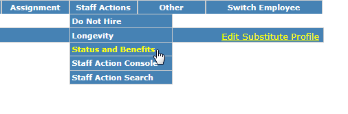 Image of Status And Benefits in Staff Actions Drop Down Menu