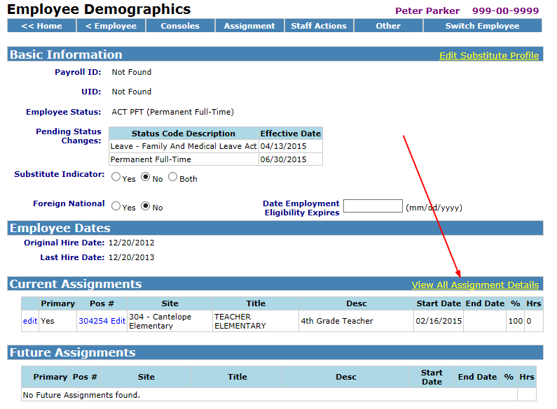 Sample employee demographics page with arrow pointing to view all assignment details link