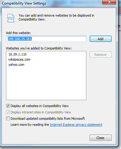 Image of adding HRMS IP Address to Compatibility View