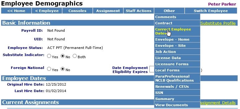 Image of correct employee dates from Employee,Other menu