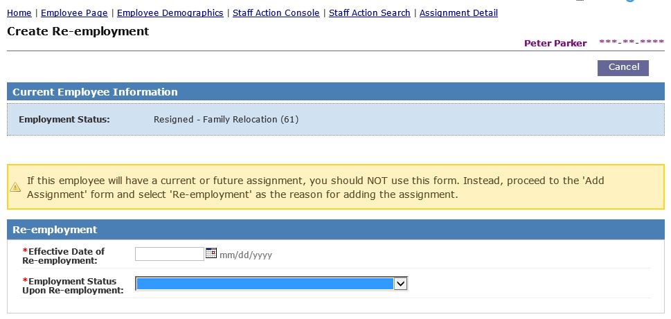 Sample of create re-employment select date and employee status