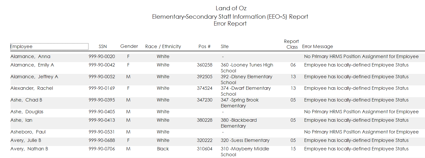 Sample of EEO-5 Error Report