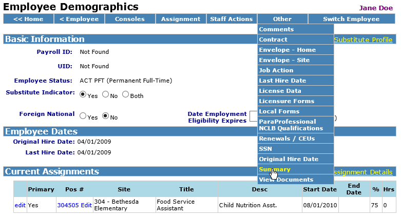 Image of dropdown from Employee Demographics Page