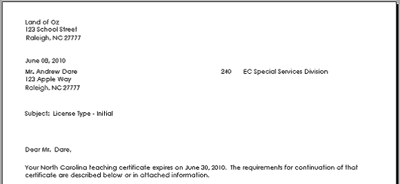 Sample license renewal letter top portion