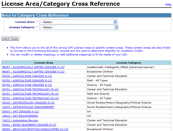 Image of licensure area category cross reference