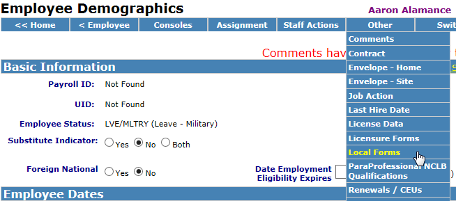 Sample of local form dropdown on employee demographics