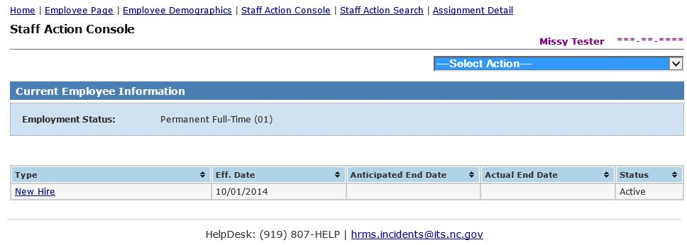 Image of New Hire entry in Staff Action Console