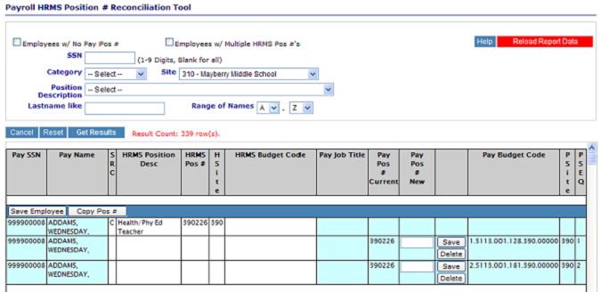 Image of search results in Payroll Reconciliation Tool