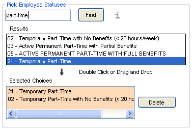Sample of pick employee status fields with options selected
