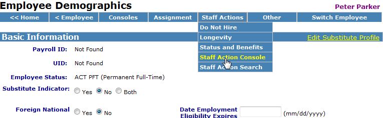 staff action console dropdown open on employee demographics page